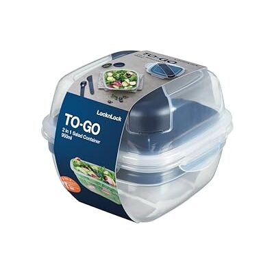 LocknLock TO GO Salad Bowl met toppingtray, sausbeker & bestek, 950 ml, 100% lucht- en waterdichte voorraaddoos, vaatwasser- en magnetronbestendig, BPA-vrij, slakom om mee te nemen LocknLock TO GO Salad Bowl met toppingtray, sausbeker & bestek, 950 ml, 100% lucht- en waterdichte voorraaddoos, vaatwasser- en magnetronbestendig, BPA-vrij, slakom om mee te nemen
