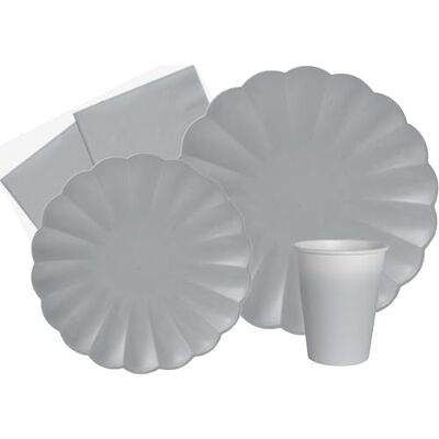 Ciao Party Tableware Set Flower Shape for 8 people (44 pcs: 8 plates Ø23cm, 8 plates Ø18cm, 8 cups 200ml, 20 napkins 33x33cm) in eco-friendly compostable paper, smoky grey Ciao Party Tableware Set Flower Shape for 8 people (44 pcs: 8 plates Ø23cm, 8 plates Ø18cm, 8 cups 200ml, 20 napkins 33x33cm) in eco-friendly compostable paper, smoky grey