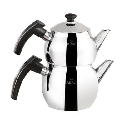 KARACA Adelya Mini Turkse theepotset roestvrijstalen theepot met deksel (Turkse theepot 0,65 liter en watertank 1 liter) niet-brandende bakeliet zwarte handgrepen theemaker en inductie theeketel KARACA Adelya Mini Turkse theepotset roestvrijstalen theepot met deksel (Turkse theepot 0,65 liter en watertank 1 liter) niet-brandende bakeliet zwarte handgrepen theemaker en inductie theeketel