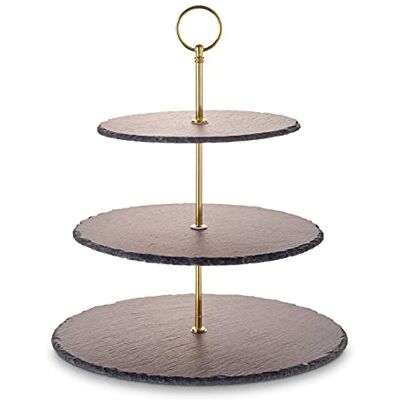 ECHTWERK etagère/serveerplank voor gebak, fruit, kaas en dessert van natuurlijke leisteen, met 3 niveaus en metalen handvat, Gold-Edition, Ø leisteenplaten ca. 20/25/30 cm, aardewerk ECHTWERK etagère/serveerplank voor gebak, fruit, kaas en dessert van natuurlijke leisteen, met 3 niveaus en metalen handvat, Gold-Edition, Ø leisteenplaten ca. 20/25/30 cm, aardewerk