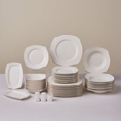 KARACA Wave 53-delig tafelservies voor 12 personen, elegant bone-porselein met borden, schalen, vierkante serveerborden, zout- en pepervaatjes, elegant en perfect voor speciale gelegenheden KARACA Wave 53-delig tafelservies voor 12 personen, elegant bone-porselein met borden, schalen, vierkante serveerborden, zout- en pepervaatjes, elegant en perfect voor speciale gelegenheden