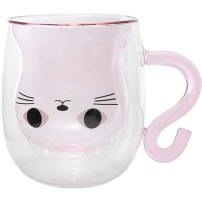 lachineuse Roze kawaii-kattenmok dubbelwandig glas kattenstaarthandvat inhoud 300 ml koffiekop, thee, warme chocolade, cappuccino Japanse decoratieve mok cadeau-idee Japan Azië lachineuse Roze kawaii-kattenmok dubbelwandig glas kattenstaarthandvat inhoud 300 ml koffiekop, thee, warme chocolade, cappuccino Japanse decoratieve mok cadeau-idee Japan Azië