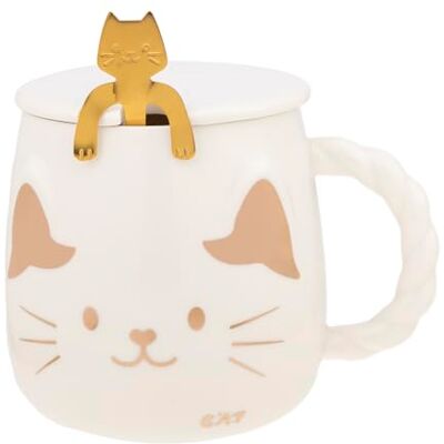 lachineuse JAPANSE KAT MOK – witte kleur – met deksel en lepel lachineuse JAPANSE KAT MOK – witte kleur – met deksel en lepel
