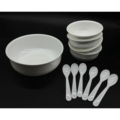 Kimmel Kom Set 11-delig kleur wit, 1 kom 17 cm + 4 compoteschalen 10 cm met lepel dessertkom partyservies kinderservies campingservies plastic servies kunstservies Kimmel Kom Set 11-delig kleur wit, 1 kom 17 cm + 4 compoteschalen 10 cm met lepel dessertkom partyservies kinderservies campingservies plastic servies kunstservies