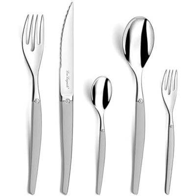 Lou Laguiole JET Bestek Set 6 Personen 30-delig Vaatwasmachinebestendig Tafelbestek voor 6 personen met microvertanding lemmet Roestvrij staal gesatineerd 18/0 roestvrij staal, zilver Lou Laguiole JET Bestek Set 6 Personen 30-delig Vaatwasmachinebestendig Tafelbestek voor 6 personen met microvertanding lemmet Roestvrij staal gesatineerd 18/0 roestvrij staal, zilver