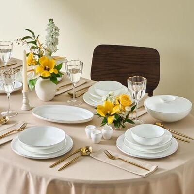 KARACA Nieuwe Meridian 55-delige serviesset voor 12 personen, elegante bordenset, duurzaam Bone China servies, wit met gouden dinerservies KARACA Nieuwe Meridian 55-delige serviesset voor 12 personen, elegante bordenset, duurzaam Bone China servies, wit met gouden dinerservies