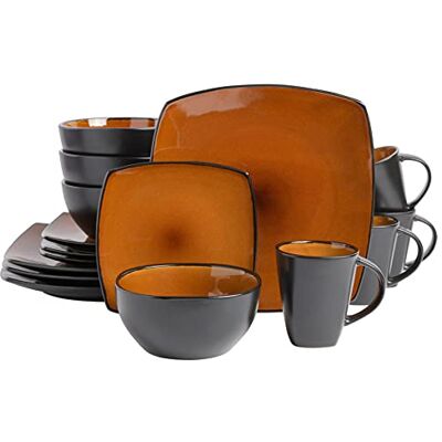 Gibson Soho Lounge Vierkant Reactief Glazuur Aardewerk Servies Set, Service voor 4 (16st), Amber Gibson Soho Lounge Vierkant Reactief Glazuur Aardewerk Servies Set, Service voor 4 (16st), Amber