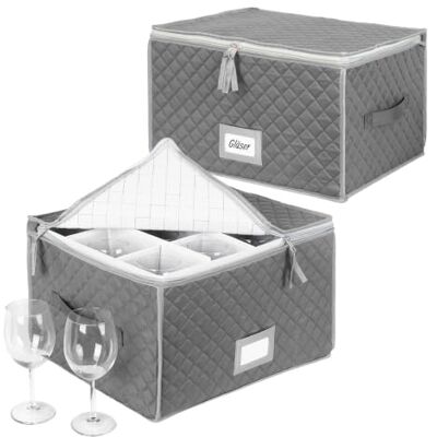 Relaxdays opbergbox voor servies, set van 2, elk 12 glazen, grijs HxBxD: 25,5 x 40,5 x 33 cm, labelvak, glazenbox Relaxdays opbergbox voor servies, set van 2, elk 12 glazen, grijs HxBxD: 25,5 x 40,5 x 33 cm, labelvak, glazenbox
