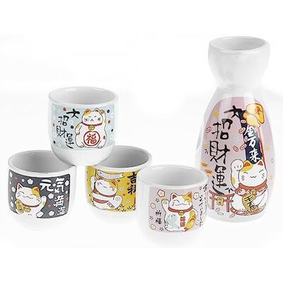 lachineuse Sake servies Kat Maneki Neko met 4 kommen & karaf Japanse sake glazen Aziatisch servies cadeau Traditioneel Japan porselein sake service Japanse geluksbrenger kat lachineuse Sake servies Kat Maneki Neko met 4 kommen & karaf Japanse sake glazen Aziatisch servies cadeau Traditioneel Japan porselein sake service Japanse geluksbrenger kat