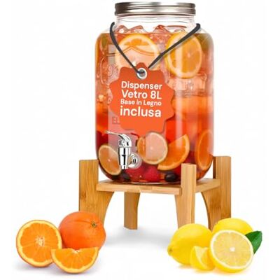 Avilia Drankdispenser van glas 8 liter met kraan van aluminium, dispenser voor water en sappen met verhoogde houten sokkel, gebruik thuis en elegante evenementen Avilia Drankdispenser van glas 8 liter met kraan van aluminium, dispenser voor water en sappen met verhoogde houten sokkel, gebruik thuis en elegante evenementen