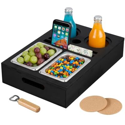Relaxdays couchbar bamboe, rvs schaaltjes voor snacks, glazenhouder, onderzetters, bank dienblad, zwart Relaxdays couchbar bamboe, rvs schaaltjes voor snacks, glazenhouder, onderzetters, bank dienblad, zwart