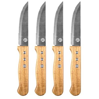 Master Chef MasterChef 4-delige steakmessen, set van 4 gekartelde roestvrijstalen messen, 12,5 cm lang, met jumbo houten geklonken handgrepen van massief acaciahout, 4-delig Master Chef MasterChef 4-delige steakmessen, set van 4 gekartelde roestvrijstalen messen, 12,5 cm lang, met jumbo houten geklonken handgrepen van massief acaciahout, 4-delig