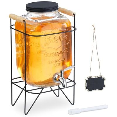 Relaxdays drankdispenser met standaard, limonadetap 5 liter, rvs kraantje & deksel, reliëf, glazen waterkan, transparant Relaxdays drankdispenser met standaard, limonadetap 5 liter, rvs kraantje & deksel, reliëf, glazen waterkan, transparant