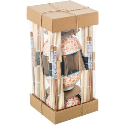 DRW Sushi-set met 4 kommen met eetstokjes en onderzetters van porselein en hout in wit, oranje en natuur, 12 x 12 x 6 cm DRW Sushi-set met 4 kommen met eetstokjes en onderzetters van porselein en hout in wit, oranje en natuur, 12 x 12 x 6 cm