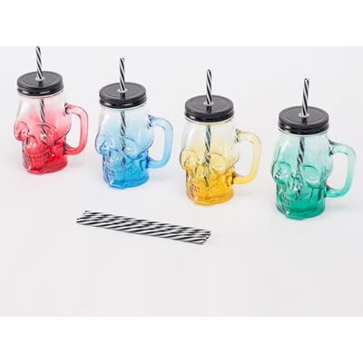 Relaxdays drinkglazen met deksel en rietje, set 4x 500 ml, doodskop, schroefdop, handvat, kleurrijk Relaxdays drinkglazen met deksel en rietje, set 4x 500 ml, doodskop, schroefdop, handvat, kleurrijk