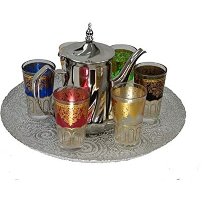DONREGALOWEB Marokkaanse theeset met dienblad, theepot, bekers en verschillende thee DONREGALOWEB Marokkaanse theeset met dienblad, theepot, bekers en verschillende thee