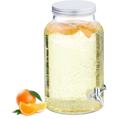 Relaxdays drankdispenser, 5 liter, vintage design, kraantje en schroefdeksel, glas, limonadetap, met reliëf, transparant Relaxdays drankdispenser, 5 liter, vintage design, kraantje en schroefdeksel, glas, limonadetap, met reliëf, transparant