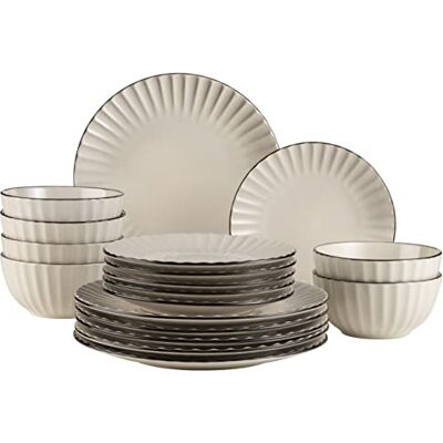 MÄSER 931967 serie Osita Retro tafelservies voor 6 personen met golfvorm, 18-delig rond servies met platte borden, dessertborden en mueslikom, eetserviesset, aardewerk, crèmewit MÄSER 931967 serie Osita Retro tafelservies voor 6 personen met golfvorm, 18-delig rond servies met platte borden, dessertborden en mueslikom, eetserviesset, aardewerk, crèmewit
