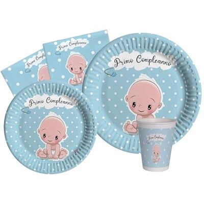 Ciao Tableware Party Pack Primo Compleanno for 24 people (112 pcs: 24 plates Ø23cm, 24 plates Ø18cm, 24 cups 250ml, 40 napkins 33x33cm) in eco-friendly compostable paper, baby blue Ciao Tableware Party Pack Primo Compleanno for 24 people (112 pcs: 24 plates Ø23cm, 24 plates Ø18cm, 24 cups 250ml, 40 napkins 33x33cm) in eco-friendly compostable paper, baby blue