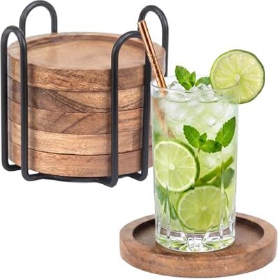 Relaxdays onderzetters, set van 6, Ø 10 cm, acaciahout, met houder, voor glazen & kopjes, bruin/zwart Relaxdays onderzetters, set van 6, Ø 10 cm, acaciahout, met houder, voor glazen & kopjes, bruin/zwart