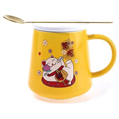 lachineuse Maneki Neko kattenmok 250 ml – gele mok van porselein met deksel en lepel – originele Japanse mok voor thee en koffie – Japanse kat Kawaii Lucky Cat – cadeau-idee Japan Azië lachineuse Maneki Neko kattenmok 250 ml – gele mok van porselein met deksel en lepel – originele Japanse mok voor thee en koffie – Japanse kat Kawaii Lucky Cat – cadeau-idee Japan Azië