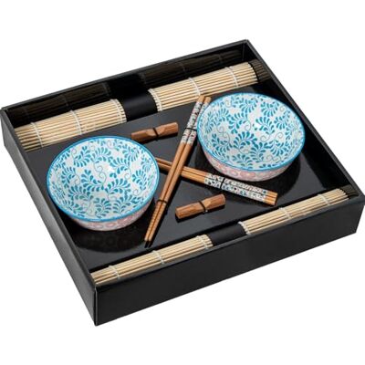 DRW Sushi-set met 2 kommen met eetstokjes en onderzetters van porselein en hout in blauw, wit en natuur, 12 x 12 x 6 cm DRW Sushi-set met 2 kommen met eetstokjes en onderzetters van porselein en hout in blauw, wit en natuur, 12 x 12 x 6 cm