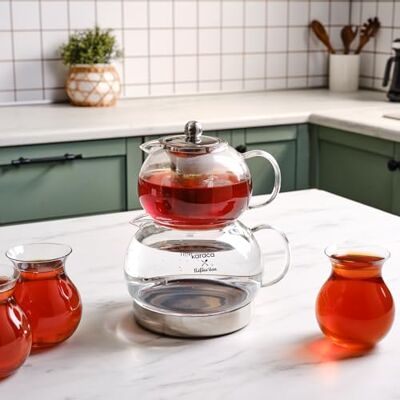 KARACA Refika Borosilicaatglas theepotset met roestvrijstalen theezeef, 1,5 l ketel en 0,6 l glazen theepot met zeef, Turkse theepot, Caydanlik KARACA Refika Borosilicaatglas theepotset met roestvrijstalen theezeef, 1,5 l ketel en 0,6 l glazen theepot met zeef, Turkse theepot, Caydanlik