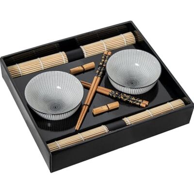 DRW Sushi-set met 2 kommen met eetstokjes en onderzetters van porselein en hout in zwart, wit en natuur, 12 x 12 x 6 cm DRW Sushi-set met 2 kommen met eetstokjes en onderzetters van porselein en hout in zwart, wit en natuur, 12 x 12 x 6 cm