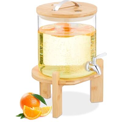 Relaxdays drankdispenser, 5 liter, warme en koude dranken, tapkraan, bamboe standaard, thermometer, transparant/natuur Relaxdays drankdispenser, 5 liter, warme en koude dranken, tapkraan, bamboe standaard, thermometer, transparant/natuur