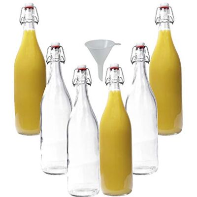 mikken 6 x glazen fles 1 liter met beugelsluiting van porselein incl. trechter, transparant mikken 6 x glazen fles 1 liter met beugelsluiting van porselein incl. trechter, transparant