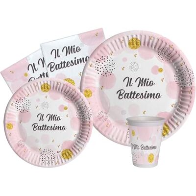Ciao Tableware Party Pack Battesimo for 8 people (44 pcs: 8 plates Ø23cm, 8 plates Ø18cm, 8 cups 250ml, 20 napkins 33x33cm) in eco-friendly compostable paper, baby pink Ciao Tableware Party Pack Battesimo for 8 people (44 pcs: 8 plates Ø23cm, 8 plates Ø18cm, 8 cups 250ml, 20 napkins 33x33cm) in eco-friendly compostable paper, baby pink