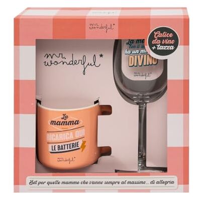 Mr. Wonderful Set van wijnglas + mok voor moeders die altijd met volle teugen zijn. Mr. Wonderful Set van wijnglas + mok voor moeders die altijd met volle teugen zijn.