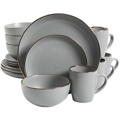 Gibson Rond steengoed Rockaway Servies Set, Service voor 4 (16st), Grijs/Gouden Rim Gibson Rond steengoed Rockaway Servies Set, Service voor 4 (16st), Grijs/Gouden Rim