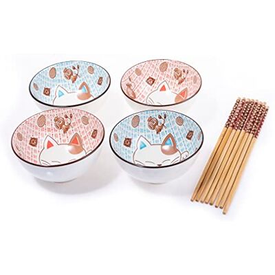 lachineuse Set van 4 kommen met Japanse kat, diameter 11 cm – rijstkommen, ontbijt en soep – Japans servies van porselein – met eetstokjes – Maneki Neko geluksbrenger – Kawaii Japans decoratief lachineuse Set van 4 kommen met Japanse kat, diameter 11 cm – rijstkommen, ontbijt en soep – Japans servies van porselein – met eetstokjes – Maneki Neko geluksbrenger – Kawaii Japans decoratief