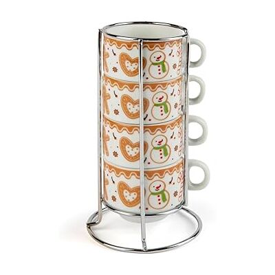 Excelsa Wonderful Ginger Set van 4 porseleinen koffiekopjes, motief: sneeuwpop, met metalen standaard Excelsa Wonderful Ginger Set van 4 porseleinen koffiekopjes, motief: sneeuwpop, met metalen standaard