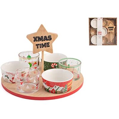 H&H Kerstset met 6 kopjes, porselein en glas, bamboesokkel, 25 cm H&H Kerstset met 6 kopjes, porselein en glas, bamboesokkel, 25 cm