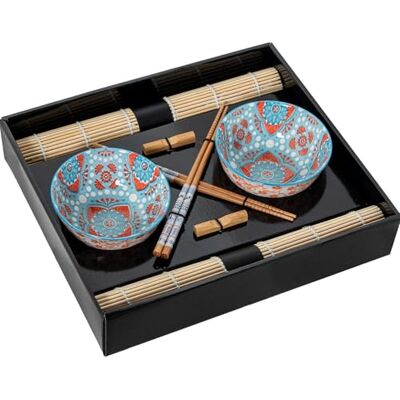 DRW Sushi-set met 2 kommen met eetstokjes en onderzetters van porselein en hout in blauw, oranje en natuur, 12 x 12 x 6 cm DRW Sushi-set met 2 kommen met eetstokjes en onderzetters van porselein en hout in blauw, oranje en natuur, 12 x 12 x 6 cm