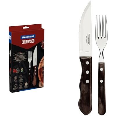 Tramontina 21198/908 Jumbo-steakbestekset, 4-delig met bruine handgrepen 2- resp. 3-voudig geklonken Tramontina 21198/908 Jumbo-steakbestekset, 4-delig met bruine handgrepen 2- resp. 3-voudig geklonken
