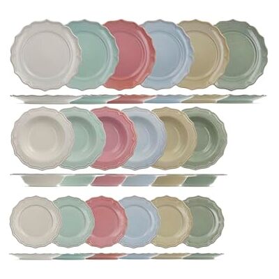 H&H Sinfonia 18-delig tafelservies van aardewerk, bordenset voor 6 personen, verschillende pastelkleuren, versierde vleugels, vaatwasser en magnetron H&H Sinfonia 18-delig tafelservies van aardewerk, bordenset voor 6 personen, verschillende pastelkleuren, versierde vleugels, vaatwasser en magnetron