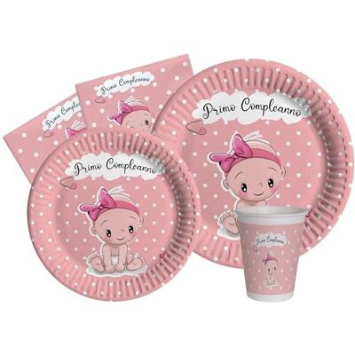 Ciao Tableware Party Pack Primo Compleanno for 24 people (112 pcs: 24 plates Ø23cm, 24 plates Ø18cm, 24 cups 250ml, 40 napkins 33x33cm) in eco-friendly compostable paper, baby pink Ciao Tableware Party Pack Primo Compleanno for 24 people (112 pcs: 24 plates Ø23cm, 24 plates Ø18cm, 24 cups 250ml, 40 napkins 33x33cm) in eco-friendly compostable paper, baby pink