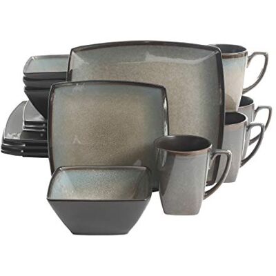 Gibson Tequesta Square Reactive Glaze Aardewerk Servies Set, Service voor 4 (16 stuks), Taupe Gibson Tequesta Square Reactive Glaze Aardewerk Servies Set, Service voor 4 (16 stuks), Taupe