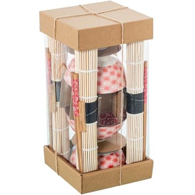 DRW Sushi-set met 4 kommen met eetstokjes en onderzetters van porselein en hout in wit, rood en natuur, 12 x 12 x 6 cm DRW Sushi-set met 4 kommen met eetstokjes en onderzetters van porselein en hout in wit, rood en natuur, 12 x 12 x 6 cm