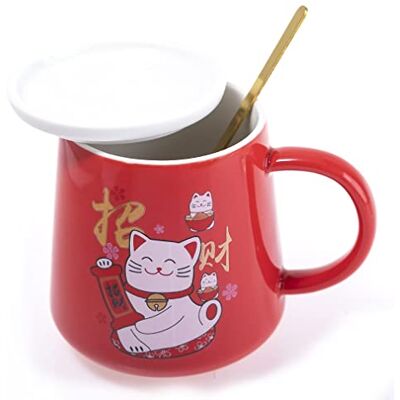 lachineuse Maneki Neko kattenmok 250 ml – rode mok van porselein met deksel en lepel – originele Japanse mok voor thee en koffie – Japanse kat Kawaii Lucky Cat – cadeau-idee Japan Azië lachineuse Maneki Neko kattenmok 250 ml – rode mok van porselein met deksel en lepel – originele Japanse mok voor thee en koffie – Japanse kat Kawaii Lucky Cat – cadeau-idee Japan Azië