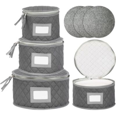 Relaxdays opbergbox voor servies, set van 4, elk 12 borden, grijs ø 19-32 cm, labelvak, borden opbergen Relaxdays opbergbox voor servies, set van 4, elk 12 borden, grijs ø 19-32 cm, labelvak, borden opbergen