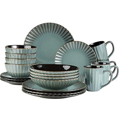MÄSER 931964 serie Confino serviesset voor 4 personen in moderne vintage look, 20-delig combiservies van keramiek in petrol met zwarte accenten, aardewerk MÄSER 931964 serie Confino serviesset voor 4 personen in moderne vintage look, 20-delig combiservies van keramiek in petrol met zwarte accenten, aardewerk