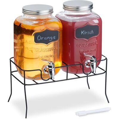 Relaxdays drankdispenser met houder, set van 2, limonadetap 4 liter, met kraantje en deksel, glazen sapkan, transparant Relaxdays drankdispenser met houder, set van 2, limonadetap 4 liter, met kraantje en deksel, glazen sapkan, transparant