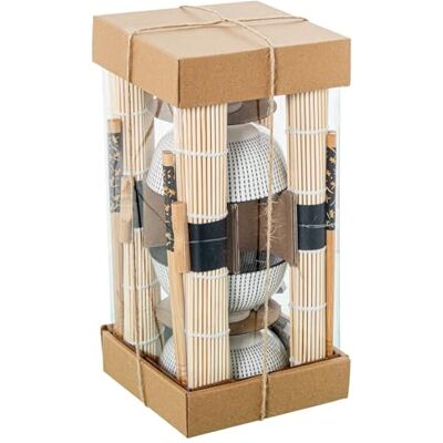 DRW Sushi-set met 4 kommen met eetstokjes en onderzetters van porselein en hout in wit, blauw en natuur, 12 x 12 x 6 cm DRW Sushi-set met 4 kommen met eetstokjes en onderzetters van porselein en hout in wit, blauw en natuur, 12 x 12 x 6 cm
