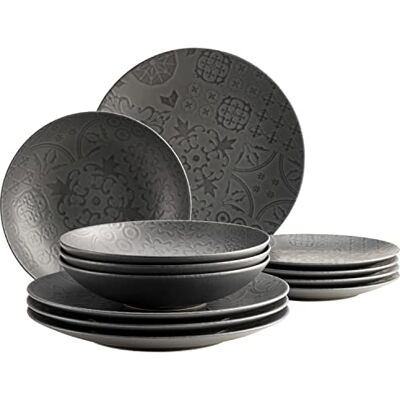 MÄSER 935076 Serie Tiles Vintage tafelservies voor 4 personen in Moorse stijl met modern matglazuur, 12-delig keramisch servies, bordenset, aardewerk, zwart MÄSER 935076 Serie Tiles Vintage tafelservies voor 4 personen in Moorse stijl met modern matglazuur, 12-delig keramisch servies, bordenset, aardewerk, zwart