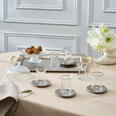 KARACA Deniz Turkse theekopjes, set van 19, Turkse theeglazen, kopjes en schotels voor 6 personen, inclusief dienblad, schotels, theelepels, 130 ml KARACA Deniz Turkse theekopjes, set van 19, Turkse theeglazen, kopjes en schotels voor 6 personen, inclusief dienblad, schotels, theelepels, 130 ml