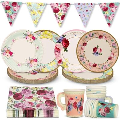 Talking Tables Bloemen Servies Set & Vintage Afternoon Tea Party Decoraties voor 16 Gasten Papieren borden en Servetten, Theekopjes, Vlaggenlijn & Tafelkleed voor verjaardag, Moederdag, Baby Talking Tables Bloemen Servies Set & Vintage Afternoon Tea Party Decoraties voor 16 Gasten Papieren borden en Servetten, Theekopjes, Vlaggenlijn & Tafelkleed voor verjaardag, Moederdag, Baby